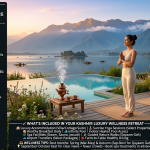 Kashmir luxury wellness retreat 2026 - sunrise yoga at Qayaam Gah overlooking Dal Lake and Zabarwan mountains, guest in mountain pose, wellness coach meditating, infinity pool with golden reflections, copper samovar with kahwa, Qayaam Gah nightly ₹41,000+, Rah Bagh spa retreat custom quote, Khyber Resort wellness ₹24,323-27,026, Vivanta Dal View spa ₹25,000-40,000, Heevan Pahalgam ₹10,402+, includes yoga, spa, infinity pool, nature walks, healthy dining