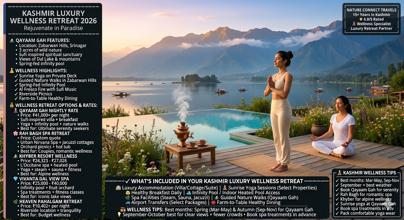 Kashmir luxury wellness retreat 2026 - sunrise yoga at Qayaam Gah overlooking Dal Lake and Zabarwan mountains, guest in mountain pose, wellness coach meditating, infinity pool with golden reflections, copper samovar with kahwa, Qayaam Gah nightly ₹41,000+, Rah Bagh spa retreat custom quote, Khyber Resort wellness ₹24,323-27,026, Vivanta Dal View spa ₹25,000-40,000, Heevan Pahalgam ₹10,402+, includes yoga, spa, infinity pool, nature walks, healthy dining