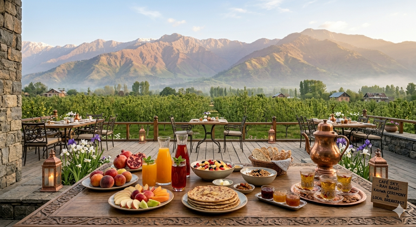 Kashmir luxury wellness retreat - healthy breakfast at Café Sky Rah Bagh with mountain views