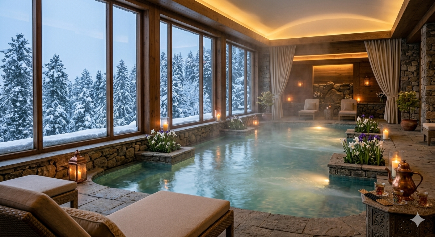 Kashmir luxury wellness retreat - indoor heated pool at Khyber Himalayan Resort Gulmarg with mountain views