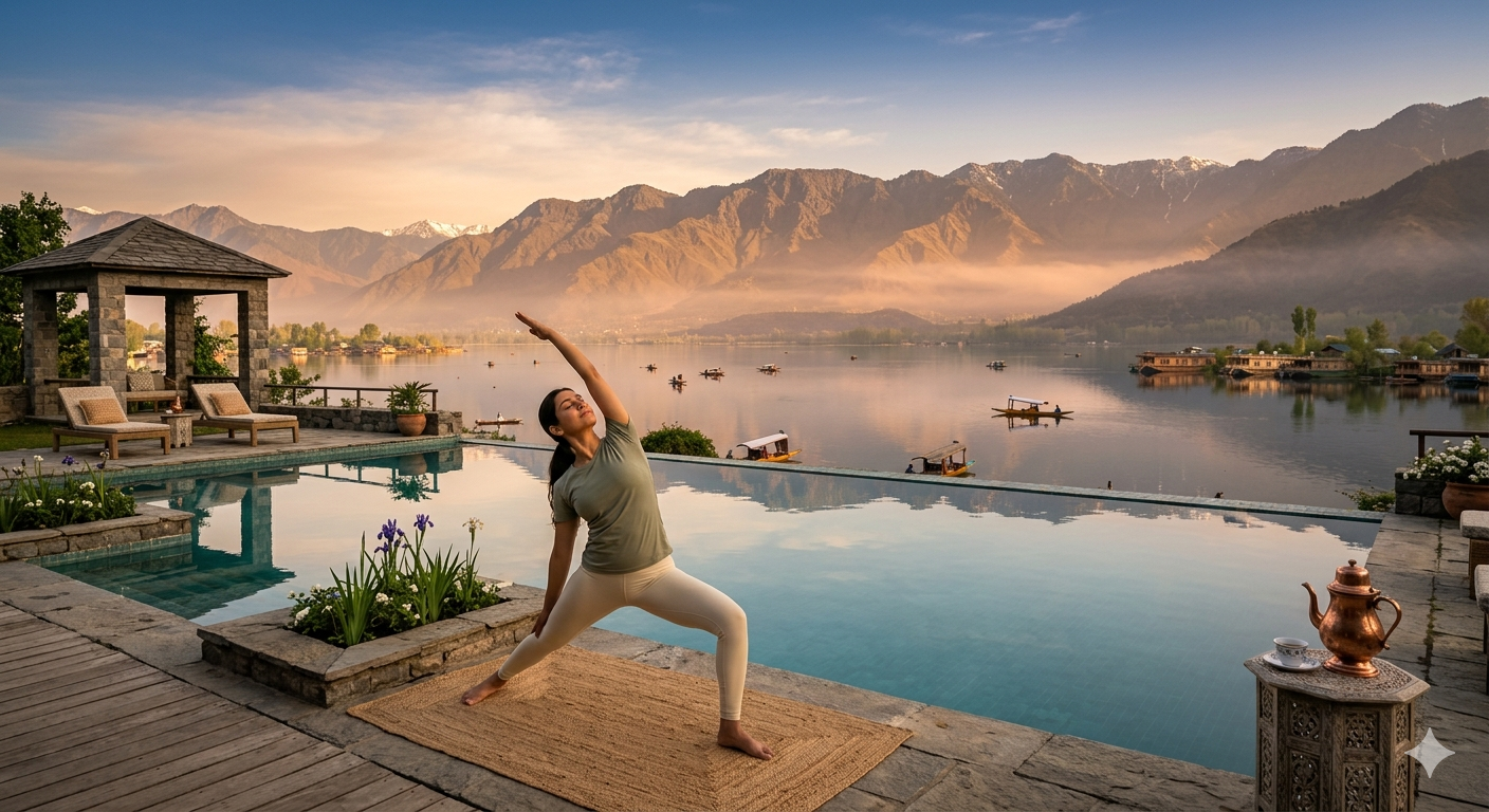 Kashmir luxury wellness retreat - infinity pool with yoga at Qayaam Gah overlooking Dal Lake and mountains