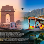 Kashmir package for 6 days and 5 nights from Delhi 2026 - split image showing Delhi India Gate and Metro transitioning to Dal Lake with family on shikara, houseboats, Zabarwan mountains, budget package ₹14,900-22,000, standard package ₹30,000-38,000 with flights included, luxury package ₹45,000-65,000+, 6-day itinerary Delhi Srinagar Gulmarg Sonmarg Pahalgam houseboat