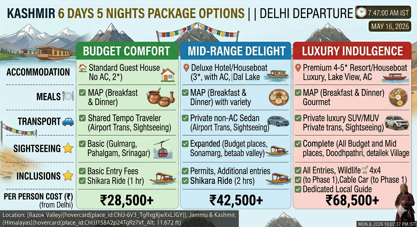Kashmir package from Delhi 2026 price comparison chart showing budget mid-range and luxury options with per person costs