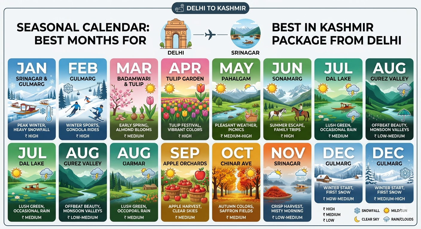 Kashmir package from Delhi - best time to visit seasonal calendar with cost and weather indicators