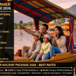 Kashmir summer holiday package 2026 - happy family on shikara at Dal Lake golden hour, summer packages budget ₹8,000-15,000, classic ₹18,500-35,000, deluxe ₹35,000-65,000 per person, 5-8 day options, summer weather 15-25°C