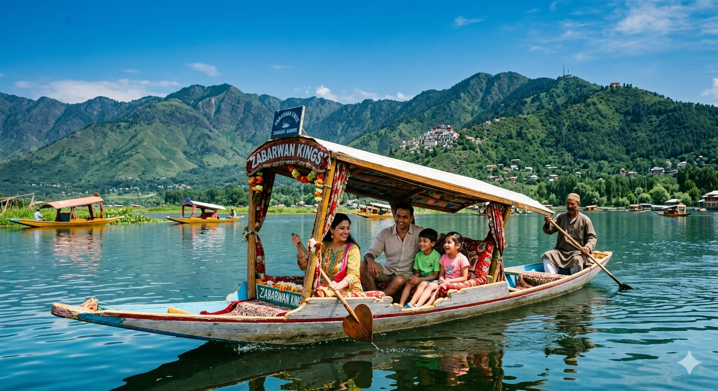 Kashmir summer holiday package 2026 - family on shikara ride at Dal Lake
