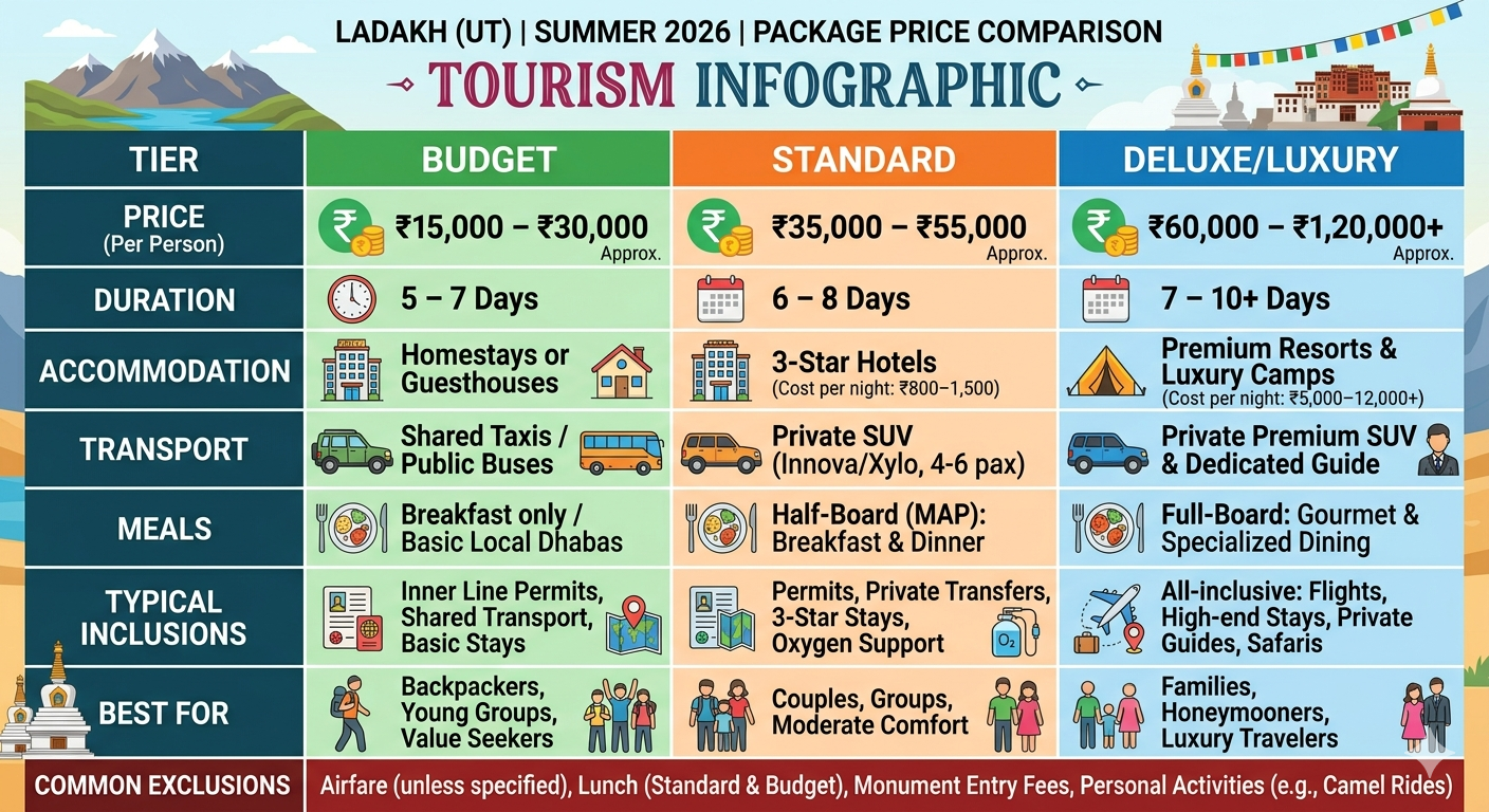 Kashmir summer holiday package 2026 - price comparison chart for budget, standard, and deluxe packages