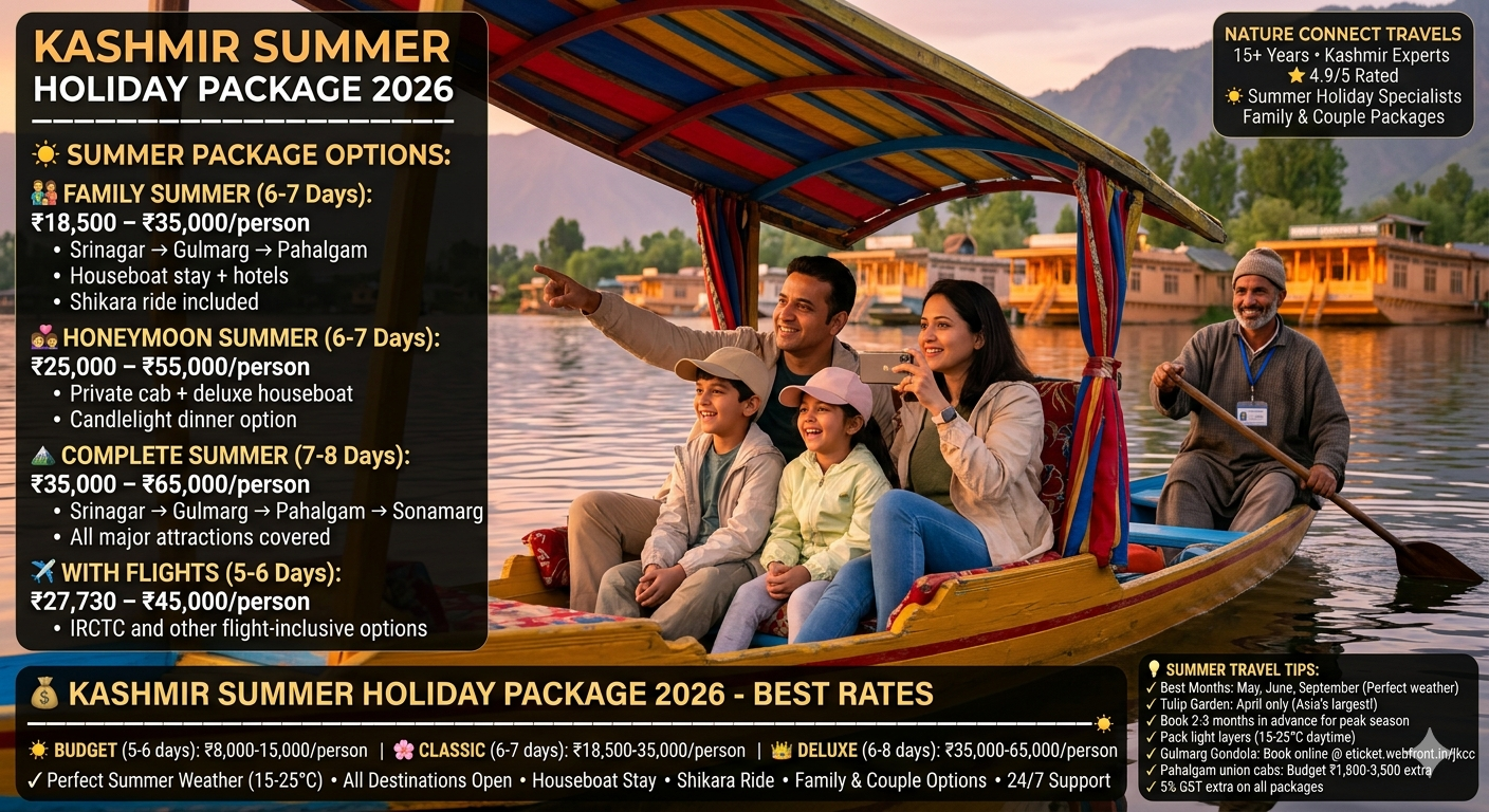 Kashmir summer holiday package 2026 - happy family on shikara at Dal Lake golden hour, summer packages budget ₹8,000-15,000, classic ₹18,500-35,000, deluxe ₹35,000-65,000 per person, 5-8 day options, summer weather 15-25°C