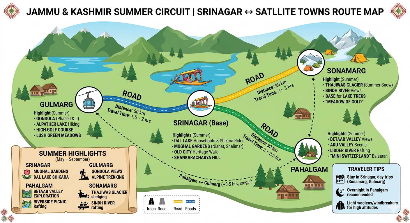 Kashmir summer holiday package route map - Srinagar to Gulmarg to Pahalgam to Sonamarg circuit with summer highlights