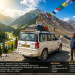 Kashmir to Ladakh road trip package 2026 - white 4x4 SUV at Zojila Pass 11575 feet with Kashmiri driver pointing to winding road, transition from green Kashmir valley to barren Ladakh mountains, prayer flags, group road trip 10 days ₹31,700 per person, Srinagar to Leh ₹31,700, complete circuit 13 days ₹35,000-65,000, luxury SUV 12-14 days ₹55,000-85,000, 12-day SUV circuit from ₹38,000-77,500 per person based on group size