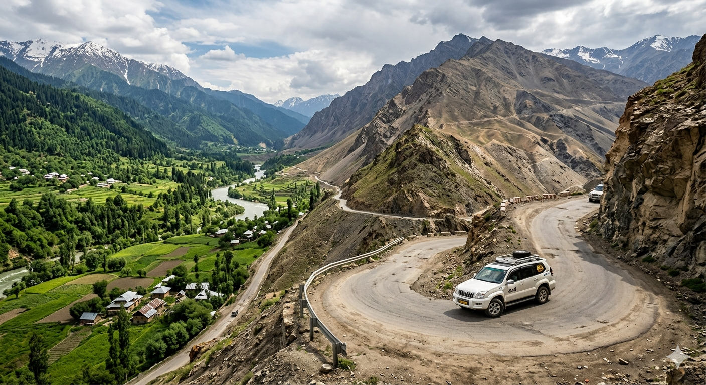 Kashmir to Ladakh road trip package - SUV driving from green Kashmir to barren Ladakh mountains