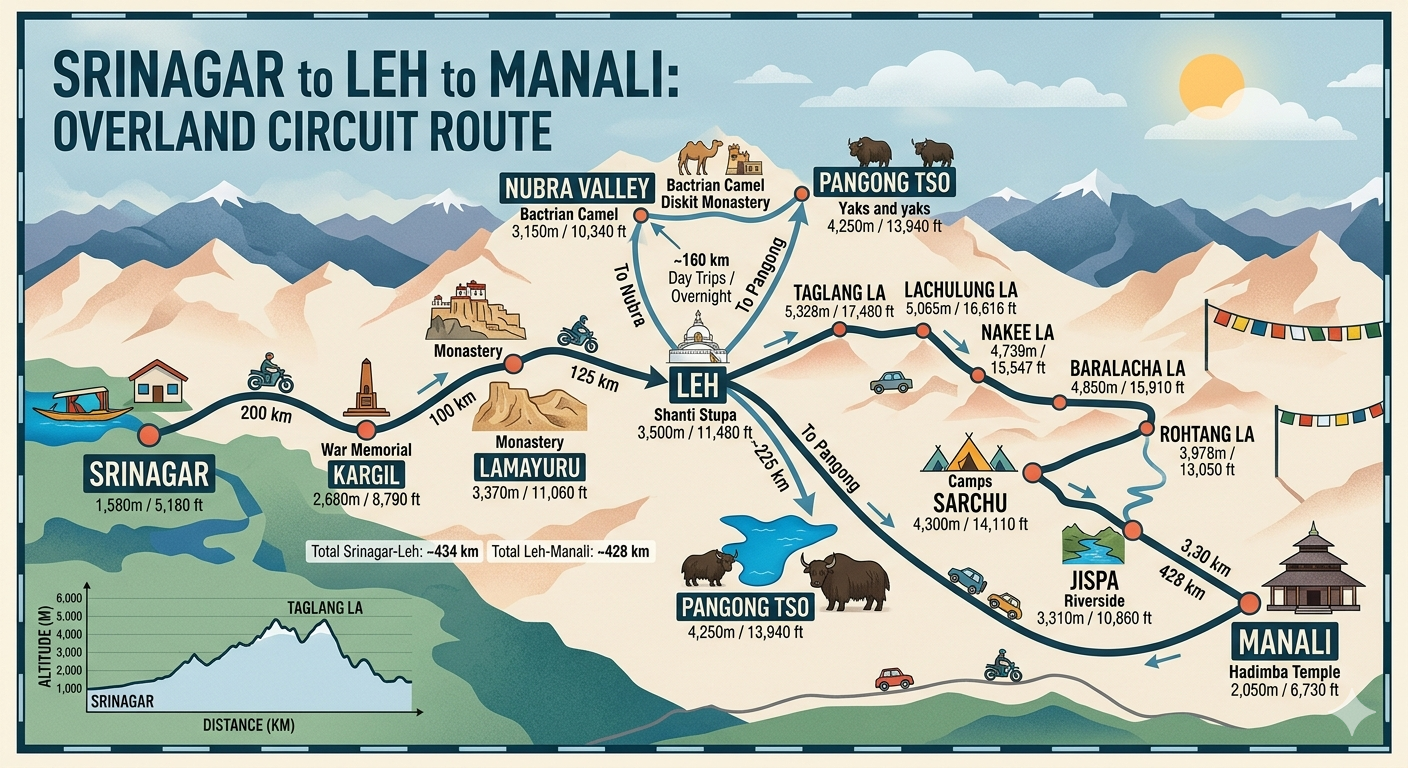 Kashmir to Ladakh road trip package - route map from Srinagar to Leh to Manali with altitudes and distances