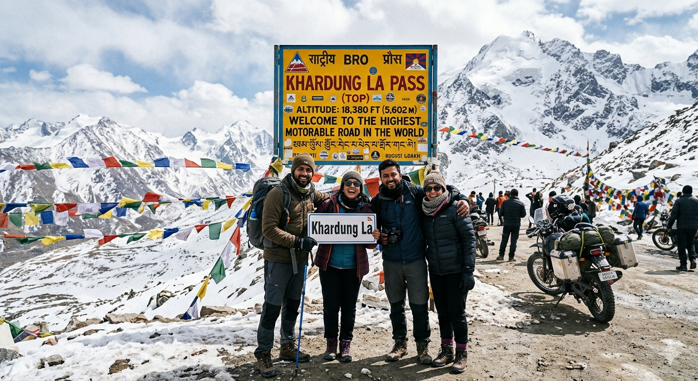 Kashmir to Ladakh road trip package - travelers at Khardung La highest motorable road with prayer flags