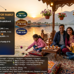Kashmir trip cost for family of 4 from Mumbai 2026 - family of four on houseboat at Dal Lake sunset, father mother daughter son, copper samovar, kahwa, budget trip total ₹1,08,000-1,80,000 per family, mid-range ₹1,70,000-2,50,000, premium ₹2,80,000-4,50,000+, per person cost ₹27,000-1,12,500, cost breakdown flights ₹36k-72k, accommodation ₹35k-60k, transport ₹32k-48k, activities ₹10k-18k, meals ₹18k-28k, 7-day itinerary Srinagar Gulmarg Pahalgam Sonamarg, includes houseboat, shikara, private cab, MAP meals