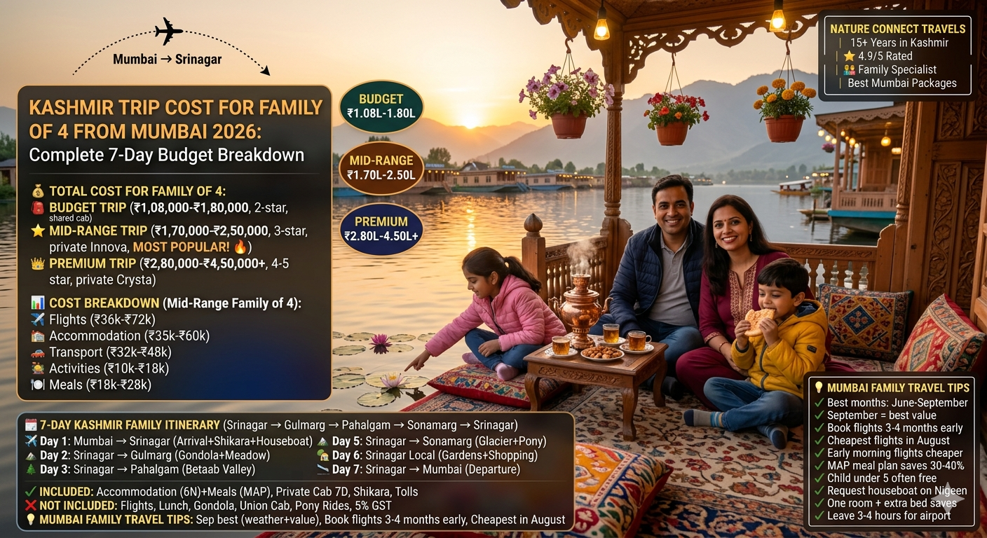 Kashmir trip cost for family of 4 from Mumbai 2026 - family of four on houseboat at Dal Lake sunset, father mother daughter son, copper samovar, kahwa, budget trip total ₹1,08,000-1,80,000 per family, mid-range ₹1,70,000-2,50,000, premium ₹2,80,000-4,50,000+, per person cost ₹27,000-1,12,500, cost breakdown flights ₹36k-72k, accommodation ₹35k-60k, transport ₹32k-48k, activities ₹10k-18k, meals ₹18k-28k, 7-day itinerary Srinagar Gulmarg Pahalgam Sonamarg, includes houseboat, shikara, private cab, MAP meals