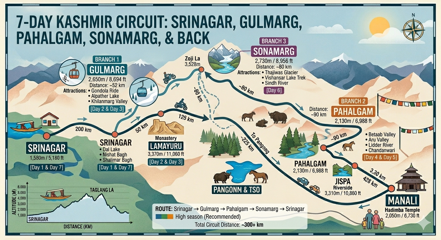 Kashmir trip cost for family of 4 from Mumbai - 7-day route map with key attractions