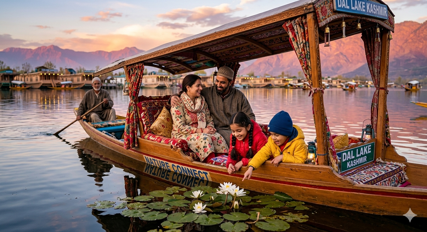 Kashmir trip cost for family of 4 from Mumbai - family enjoying shikara ride on Dal Lake at sunset