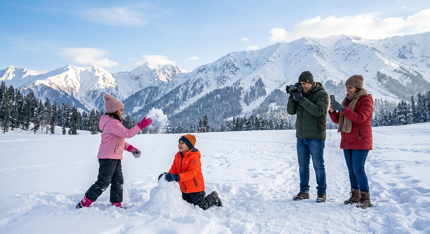Kashmir trip cost for family of 4 from Mumbai - family enjoying snow at Gulmarg meadow