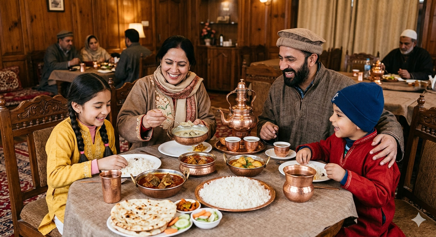 Kashmir trip cost for family of 4 from Mumbai - family enjoying traditional Kashmiri meal