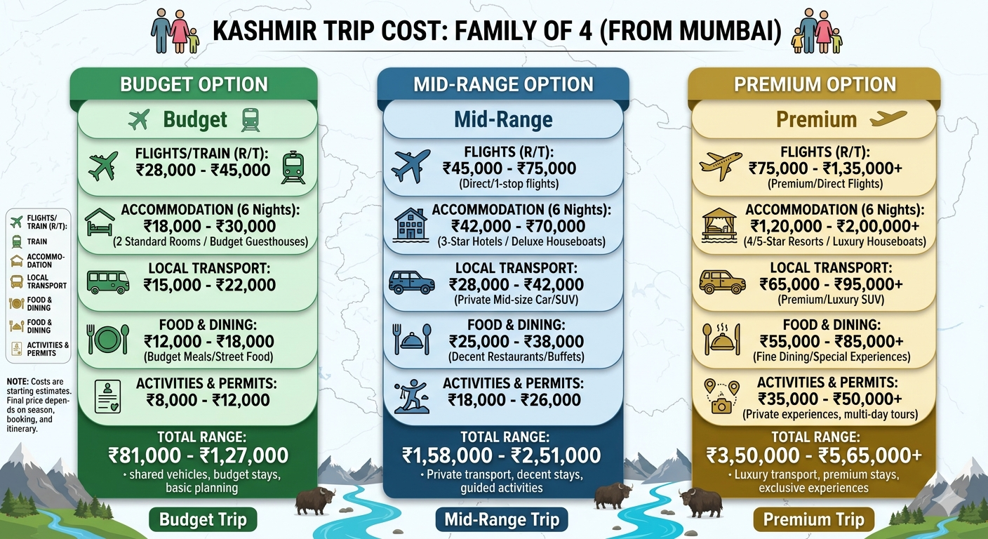 Kashmir trip cost for family of 4 from Mumbai - price comparison chart for budget mid-range and premium options