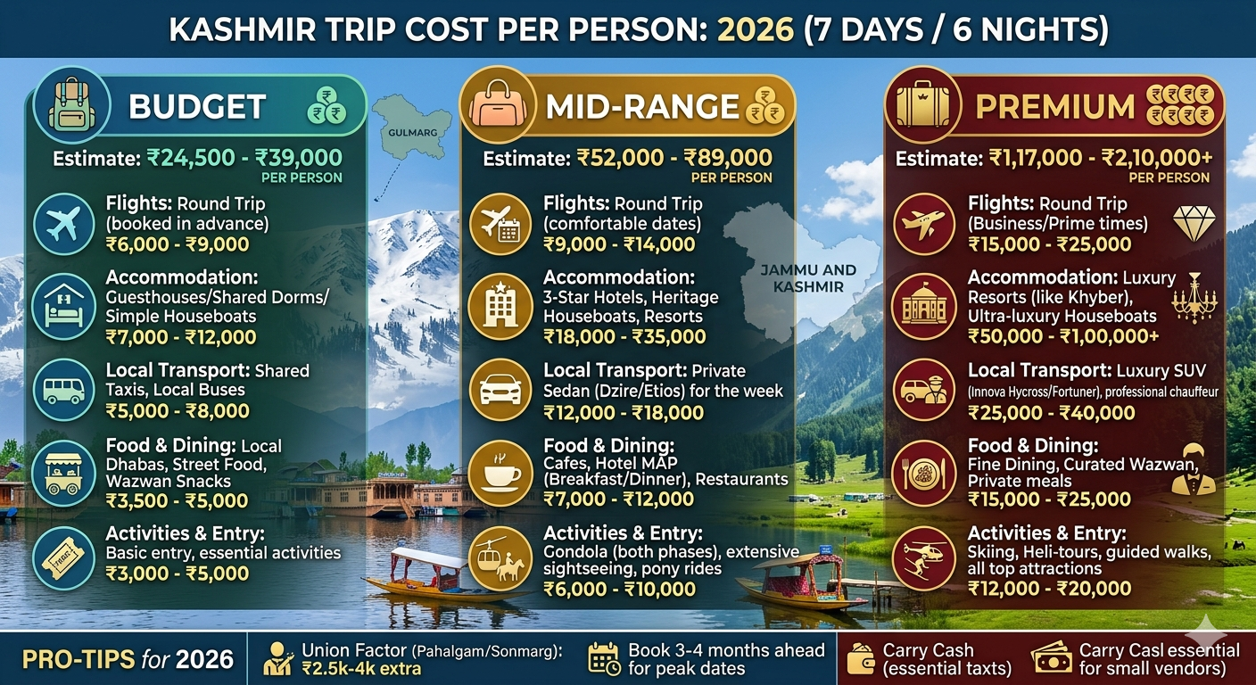 Kashmir trip cost per person 2026 - 7 day budget, mid-range, and premium breakdown chart
