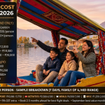 Kashmir trip cost per person 2026 - happy family on shikara at Dal Lake sunset, 7-day budgets budget ₹20,000-30,000, mid-range ₹32,500-47,500, premium ₹57,500-95,000+ per person