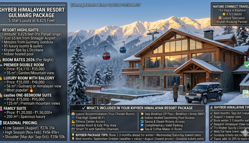 Khyber Himalayan Resort Gulmarg package 2026 - The Khyber resort in winter with snow, timber architecture, Gulmarg Gondola ascending Affarwat peaks, luxury SUV at entrance, concierge welcoming guests, Premier Double Room ₹24,110-35,000 per night, Luxury Room with Balcony ₹35,000-48,000, One-Bedroom Suite ₹75,000-95,000, Family Suite ₹1,20,000-1,50,000+, seasonal rates August best value