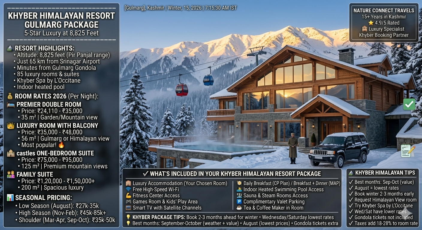Khyber Himalayan Resort Gulmarg package 2026 - The Khyber resort in winter with snow, timber architecture, Gulmarg Gondola ascending Affarwat peaks, luxury SUV at entrance, concierge welcoming guests, Premier Double Room ₹24,110-35,000 per night, Luxury Room with Balcony ₹35,000-48,000, One-Bedroom Suite ₹75,000-95,000, Family Suite ₹1,20,000-1,50,000+, seasonal rates August best value