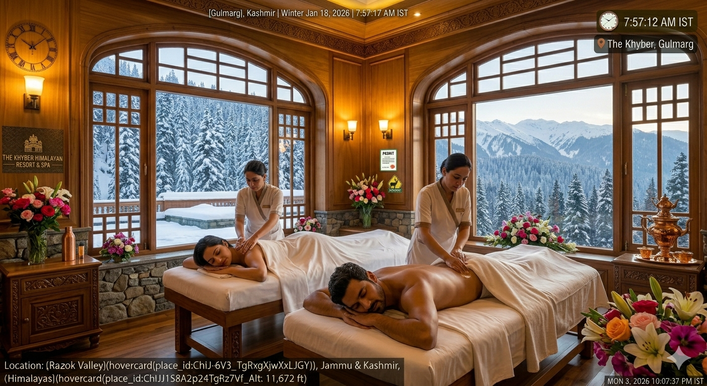 Khyber Himalayan Resort Gulmarg package - couples massage at The Khyber Spa with mountain views