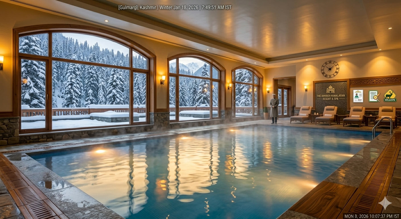 Khyber Himalayan Resort Gulmarg package - heated indoor pool with mountain views through large windows