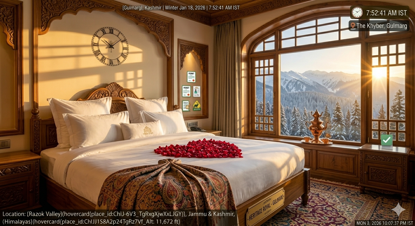 Khyber Himalayan Resort Gulmarg package - luxury honeymoon suite with king bed and mountain view