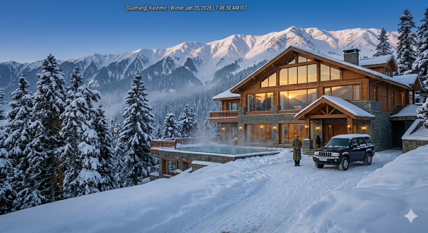 Khyber Himalayan Resort Gulmarg package - luxury resort exterior in winter with snow and mountain views
