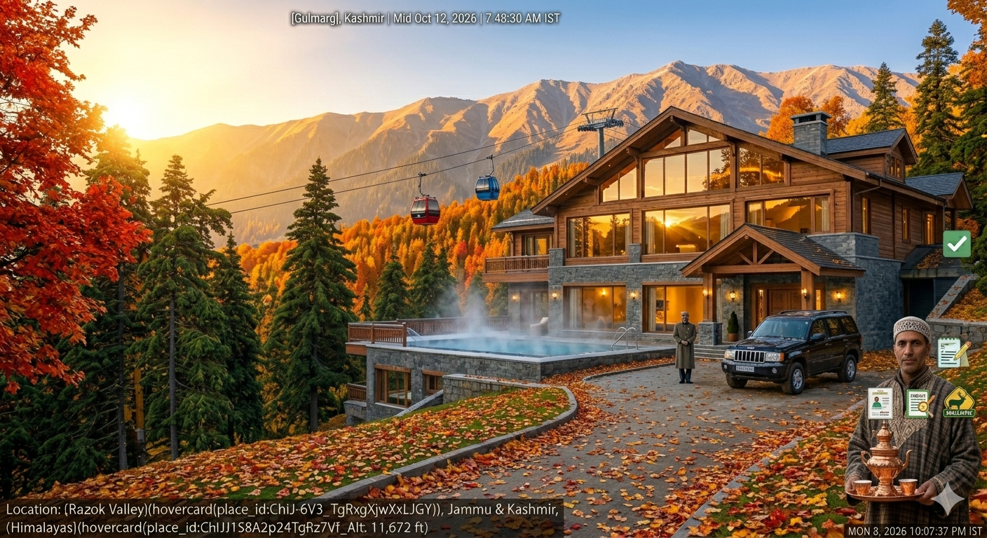 Khyber Himalayan Resort Gulmarg package - resort surrounded by golden Chinar trees in autumn