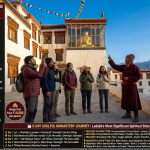 Ladakh group tour package with monastery visit 2026 - group of travelers at Thiksey Monastery with local guide pointing to 15-meter Maitreya Buddha statue, morning golden light, Monasteries & Lakes Circuit ₹18,000 per person for 7 days, Soulful Monastery Journey $1,150 (~₹95,000) for 5 days, G Adventures custom ~₹85,000 for 8 days, IRCTC ₹50,630-56,200 for 7 days, Exclusive Monastery Tour $3,973 (~₹3,30,000) for 8 days, group size pricing 2-3 pax ₹35k-45k, 4-6 pax ₹25k-35k, 7-10 pax ₹20k-28k, 11-15 pax ₹18k-25k
