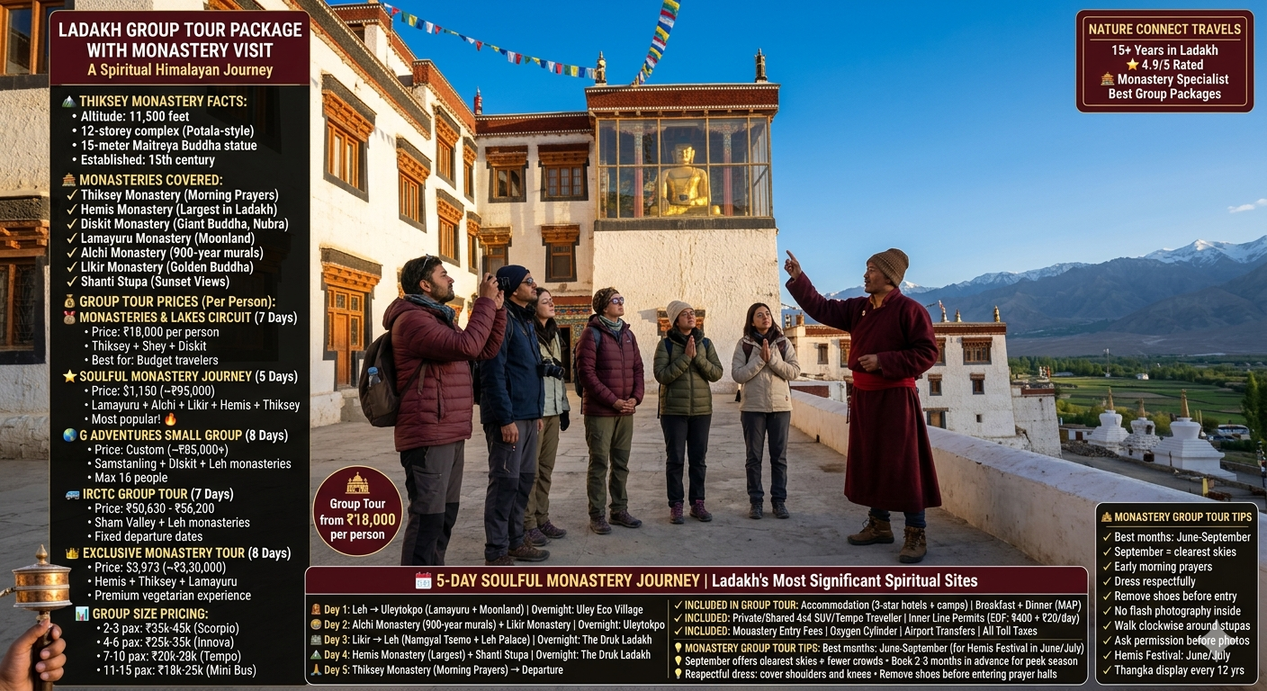 Ladakh group tour package with monastery visit 2026 - group of travelers at Thiksey Monastery with local guide pointing to 15-meter Maitreya Buddha statue, morning golden light, Monasteries & Lakes Circuit ₹18,000 per person for 7 days, Soulful Monastery Journey $1,150 (~₹95,000) for 5 days, G Adventures custom ~₹85,000 for 8 days, IRCTC ₹50,630-56,200 for 7 days, Exclusive Monastery Tour $3,973 (~₹3,30,000) for 8 days, group size pricing 2-3 pax ₹35k-45k, 4-6 pax ₹25k-35k, 7-10 pax ₹20k-28k, 11-15 pax ₹18k-25k