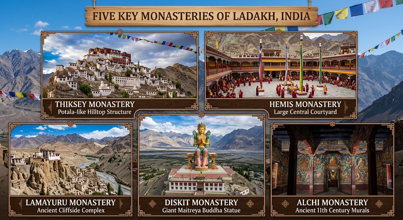 Ladakh group tour package with monastery visit - collage of Thiksey, Hemis, Diskit, Lamayuru and Alchi monasteries