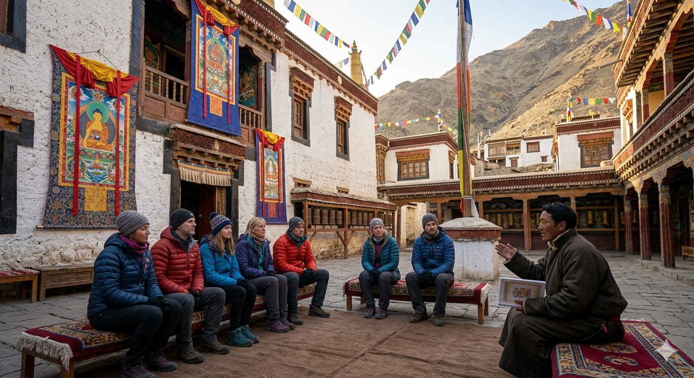  Ladakh group tour package with monastery visit - group at Hemis Monastery courtyard with guide