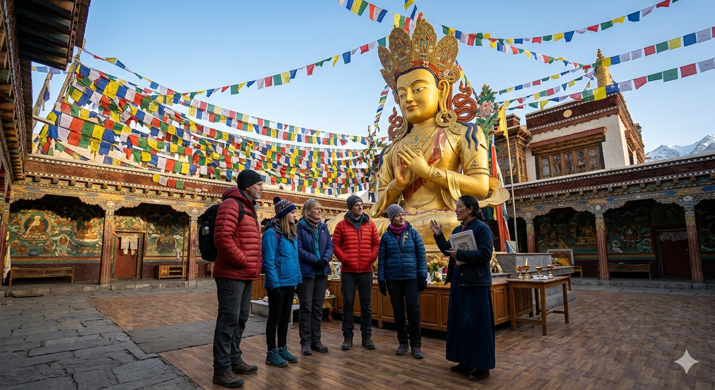 Ladakh group tour package with monastery visit - small group at Thiksey Monastery with giant Buddha statue and guide