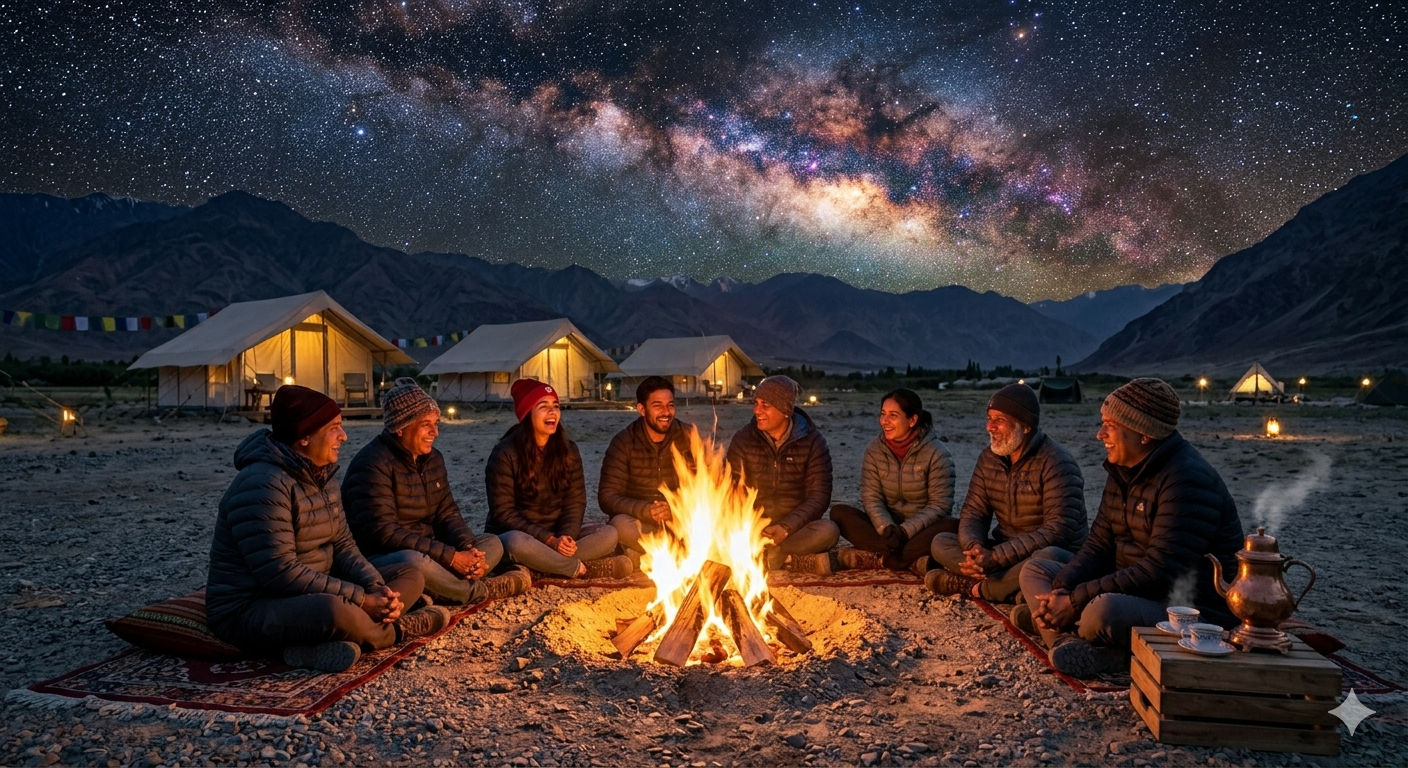 Ladakh Group Tour Package with Transport 2026 | 6 Days @ ₹27,500 12 Ladakh group tour package with transport - group around bonfire in Nubra Valley under starry sky
