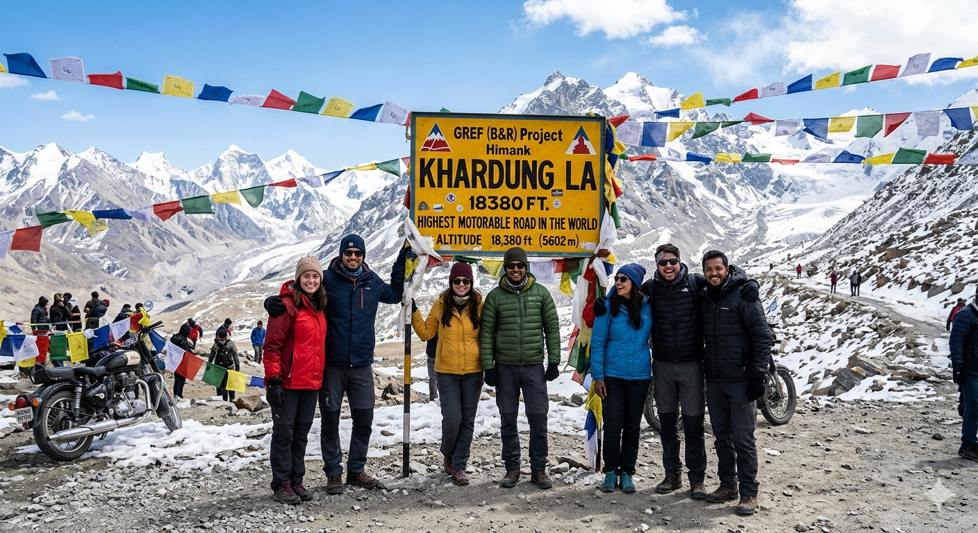 Ladakh Group Tour Package with Transport 2026 | 6 Days @ ₹27,500 8 Ladakh group tour package with transport - group of travelers at Khardung La pass with prayer flags