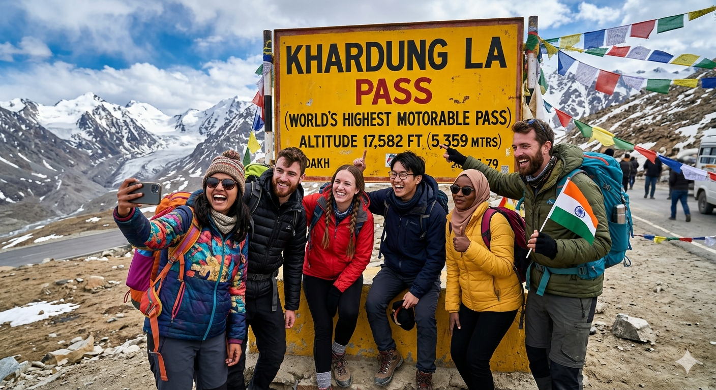 Ladakh group tour packages 2026 - happy group of travelers at Khardung La pass