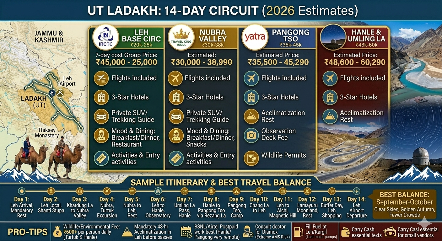 Ladakh group tour packages route map - Leh to Nubra to Pangong to Hanle circuit with distances