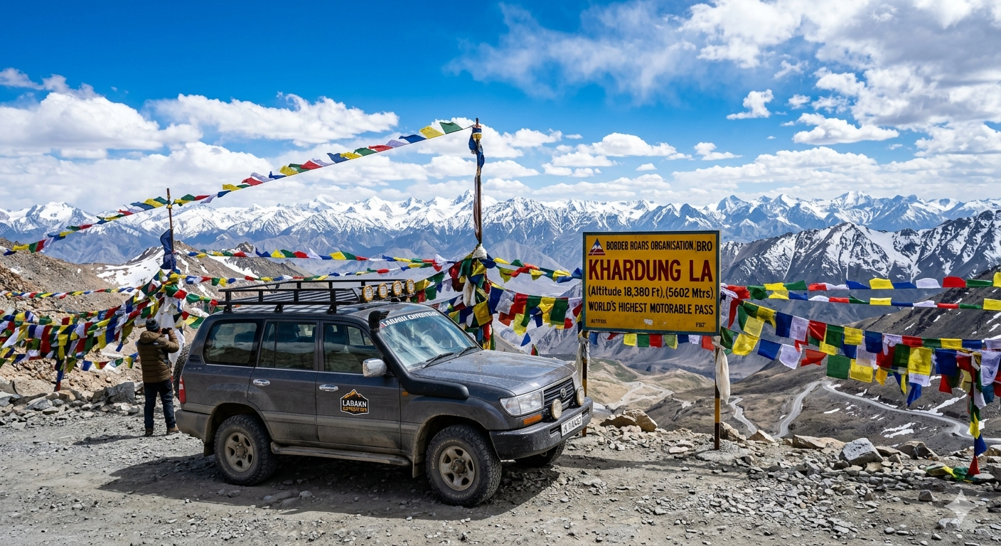 Ladakh Tour Package Price 2026 | 7-14 Days @ ₹18,000-₹67,950 8 Ladakh tour package price 2026 - 4x4 SUV at Khardung La highest motorable road with prayer flags