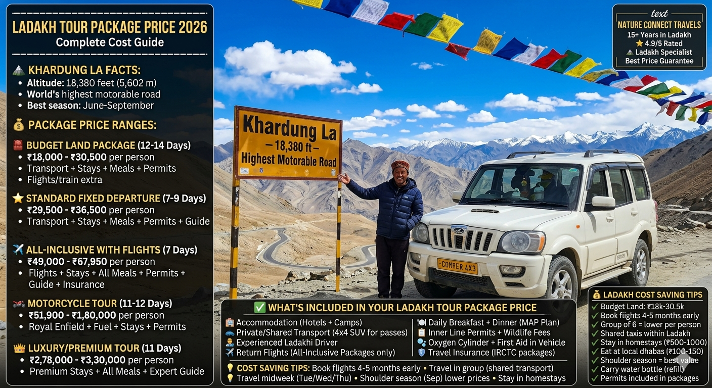 Ladakh tour package price 2026 - white 4x4 SUV at Khardung La 18380 feet with Ladakhi driver and prayer flags, budget land package ₹18,000-30,500 for 12-14 days, standard fixed departure ₹29,500-36,500 for 7-9 days, all-inclusive with flights ₹49,000-67,950 for 7 days, motorcycle tour ₹51,900-1,80,000 for 11-12 days, luxury tour ₹2,78,000-3,30,000 for 11 days