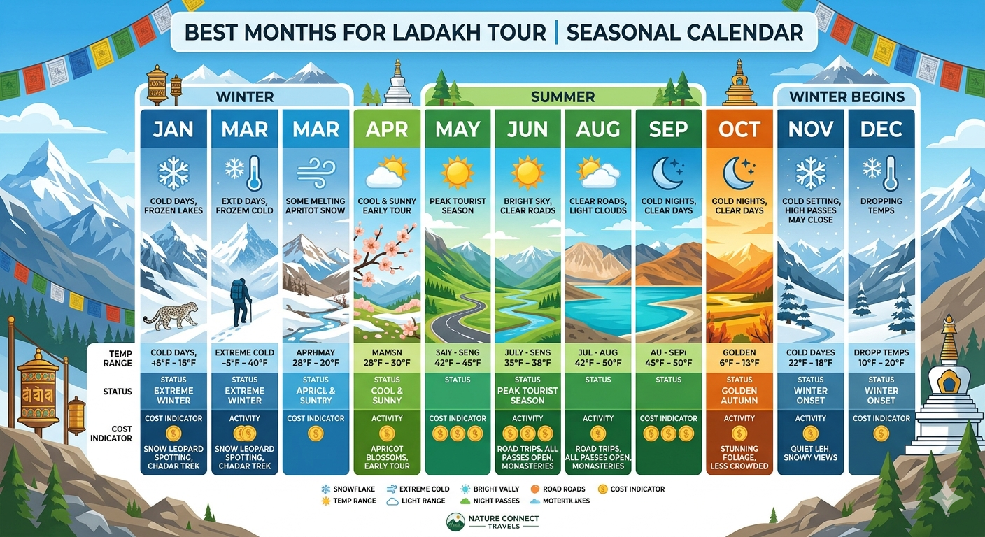 Ladakh Tour Package Price 2026 | 7-14 Days @ ₹18,000-₹67,950 12 Ladakh tour package price - best time to visit seasonal calendar with cost and weather indicators