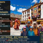 Ladakh trip June July package 2026 - family at Hemis Festival watching masked Cham dance, summer packages family circuit 14 days ₹1,86,000 per couple, Hemis Festival 8 days ₹2,20,000+, bike tour 11 days ₹37,999-54,999, offbeat 10 days ₹35,000-55,000