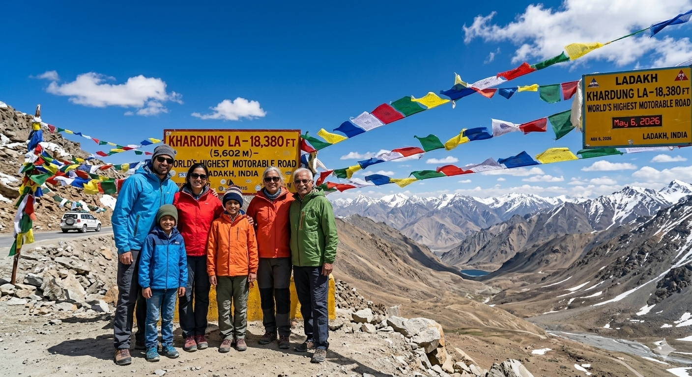 Ladakh trip June July package 2026 - family at Khardung La pass summer holidays