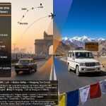 Ladakh trip cost from Mumbai 2026 - split image showing Mumbai Gateway of India and flight route transitioning to Ladakh with 4x4 SUV at Khardung La 18380 feet, budget trip ₹25,000-35,000, standard trip ₹45,000-55,000, premium trip ₹60,000-75,000, ultimate circuit ₹80,000-1,00,000 per person, 7-day itinerary Leh Nubra Pangong circuit
