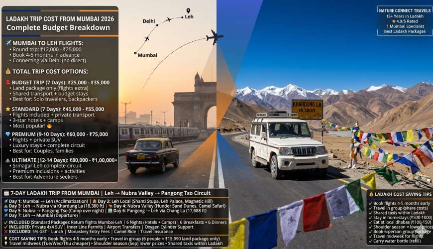 Ladakh trip cost from Mumbai 2026 - split image showing Mumbai Gateway of India and flight route transitioning to Ladakh with 4x4 SUV at Khardung La 18380 feet, budget trip ₹25,000-35,000, standard trip ₹45,000-55,000, premium trip ₹60,000-75,000, ultimate circuit ₹80,000-1,00,000 per person, 7-day itinerary Leh Nubra Pangong circuit