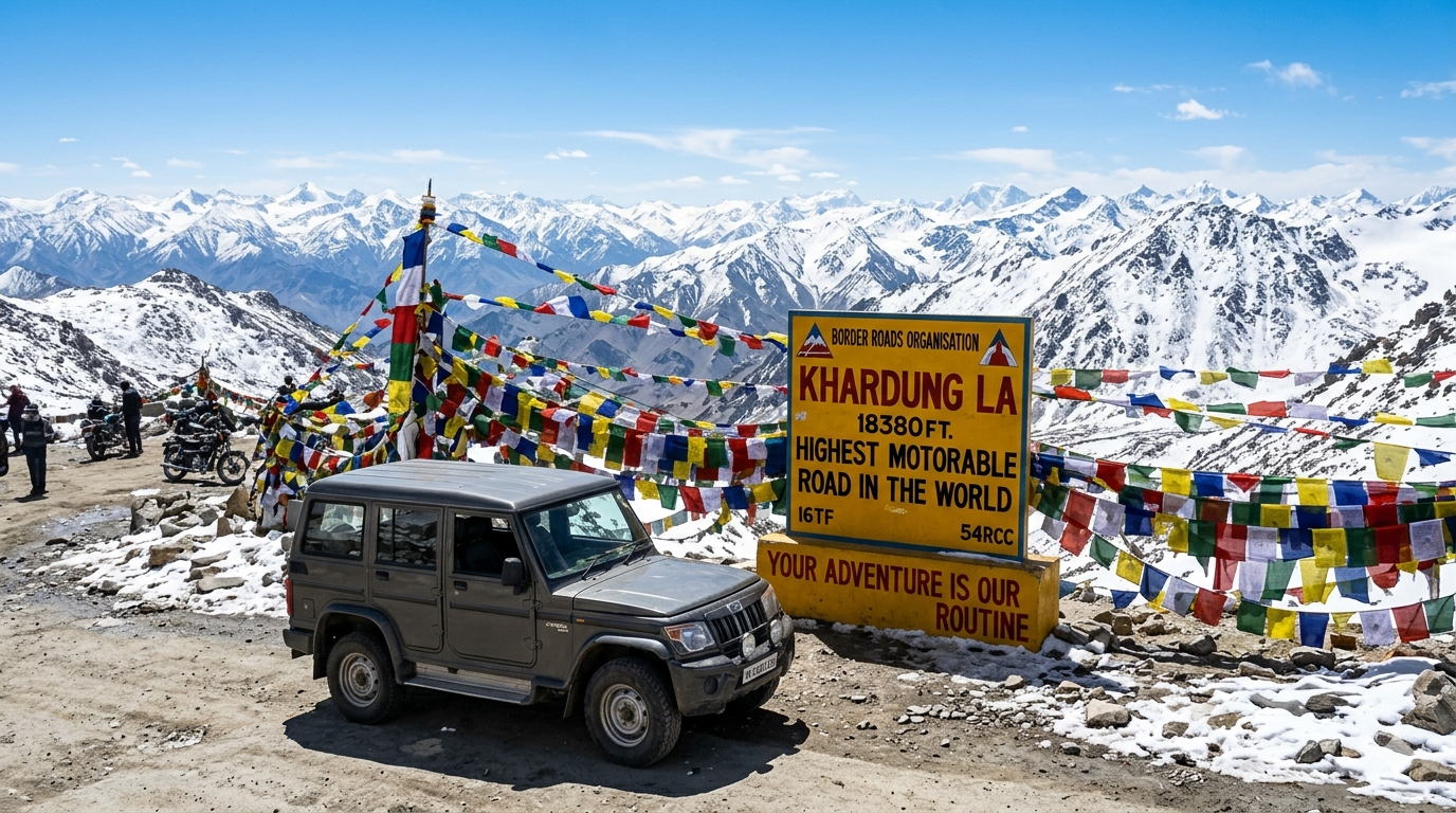 Ladakh Trip Cost from Mumbai 2026 | 7 Days @ ₹26,000 Per Person 10 Ladakh trip cost from Mumbai - 4x4 SUV at Khardung La highest motorable road with prayer flags